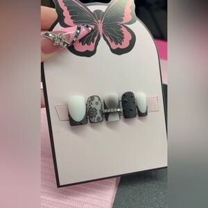 Short square Press on nails black milky white nude matte lace 3D gel French tips